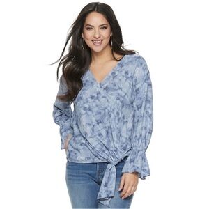 Juicy Couture Blue Tie Dye Long Puffy Sleeve V Neck Blouse with Tie at Hip - XS